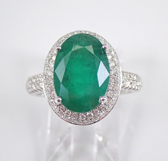 14K White Gold Emerald Engagement Ring - Large Oval Diamond Halo Setting - May Gemstone Birthday Jewelry Gift