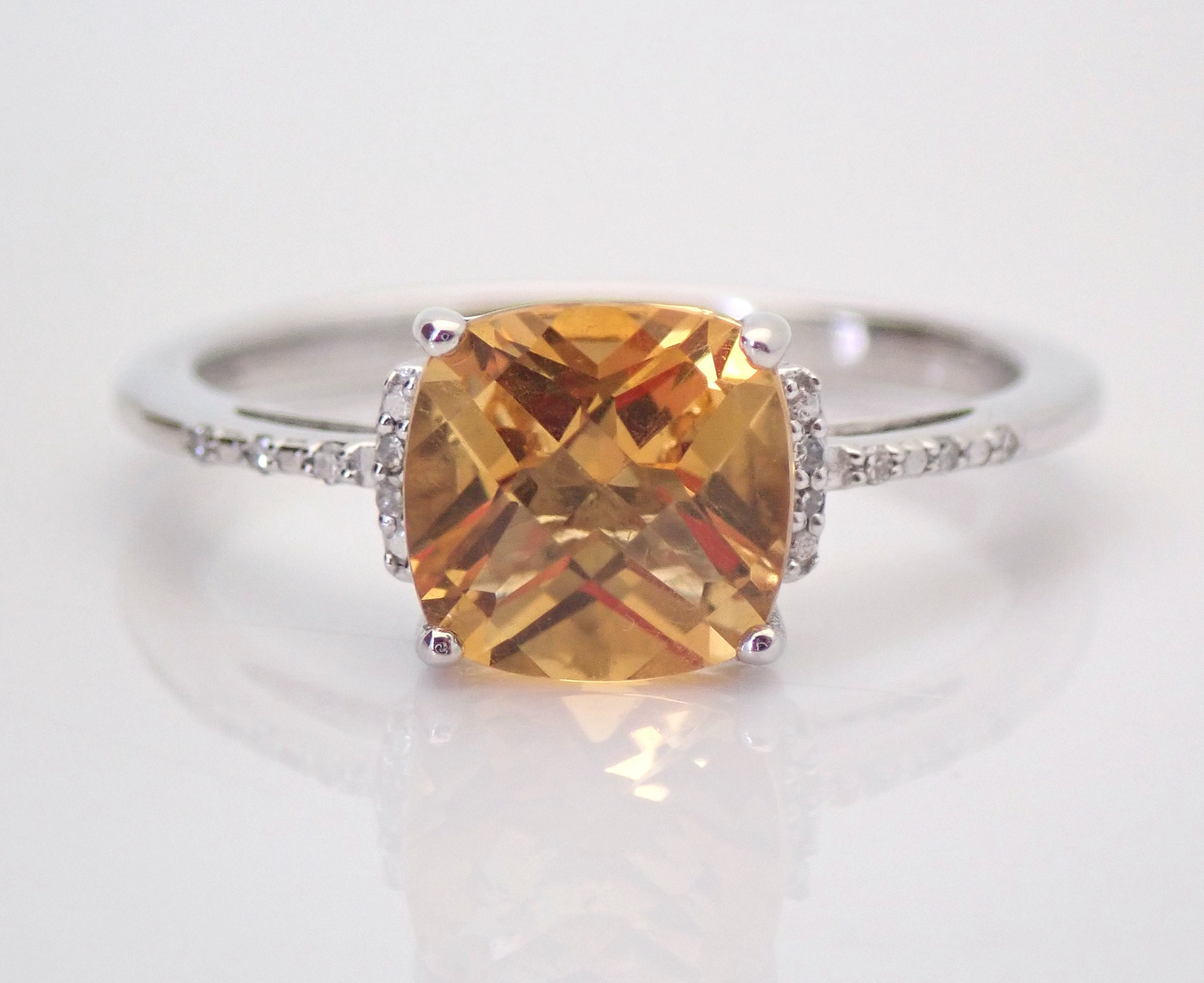 Cushion-Cut Citrine and Diamond Engagement Ring White Gold Size 7 ...