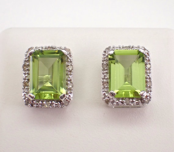 Emerald Cut Peridot Stud Earrings - White Gold Diamond Halo Setting - August Birthstone Gemstone Jewelry Gift