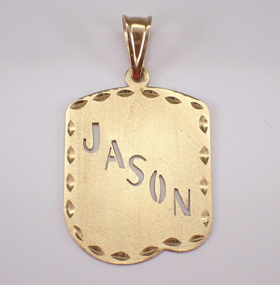 Vintage 14K Yellow Gold Name Charm Pendant, Unique Dog Tag Cut Out Shape for Necklace
