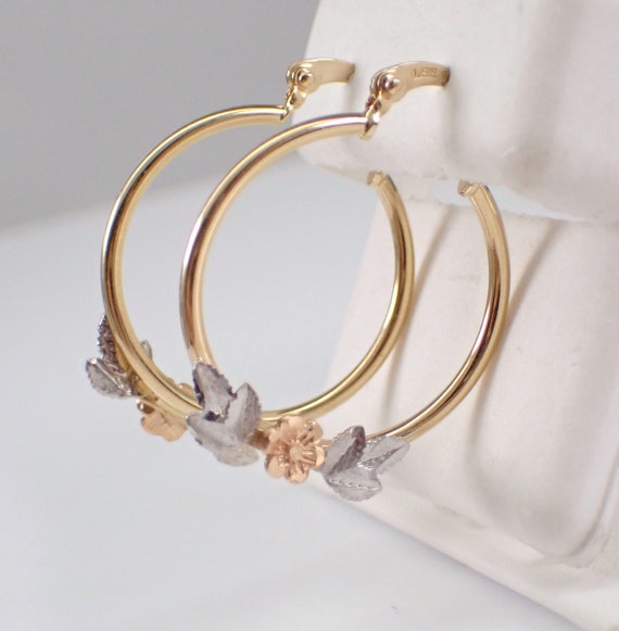 Vintage 14K Tri Color Gold Hoop Earrings - Estate Unique Flower Hoops - Anniversary Graduation Birthday