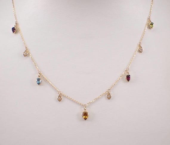 14K Yellow Gold Gemstone Station Dangle Necklace - Diamond Layering Pendant Chain - Amethyst Topaz Citrine Peridot Garnet Jewelry