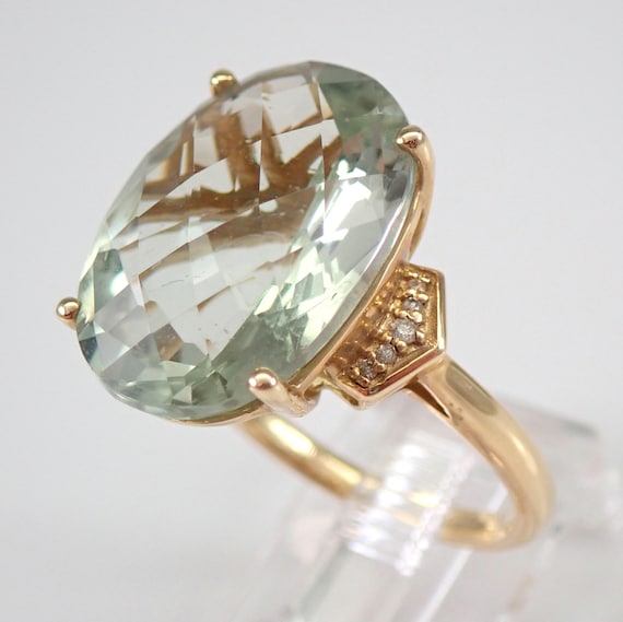 Large Green Amethyst Solitaire Ring, Yellow Gold Gemstone Setting, Prasiolite Bridal Jewelry Gift