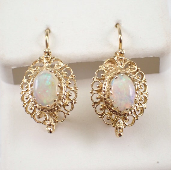 70s Vintage Opal Earrings - 14k Yellow Gold Fine Jewelry - October Birthstone Gemstone Gift