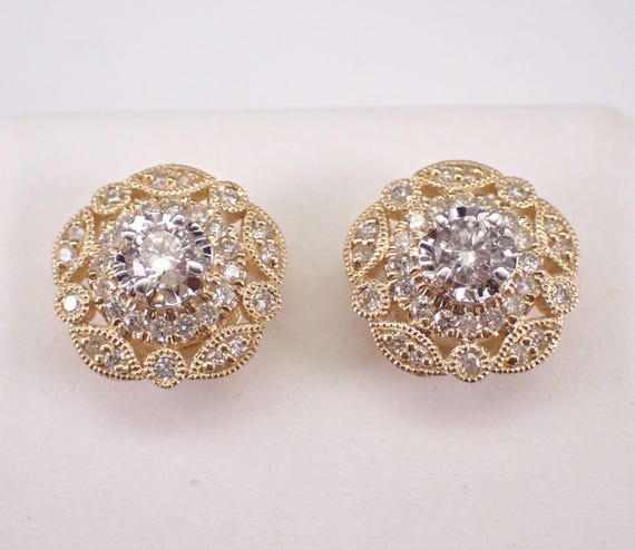 14K Yellow Gold Diamond Stud Earrings: Two Tone Cluster Snowflake Screwback Studs