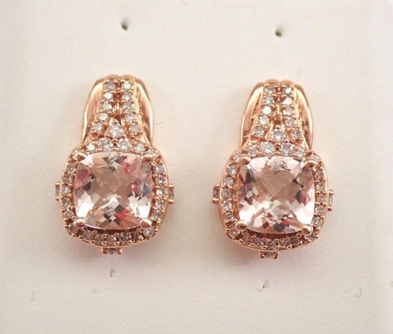 Morganite and Diamond Earrings - Rose Gold Cushion Cut Halo Drops - Unique Gemstone Fine Jewelry Gift