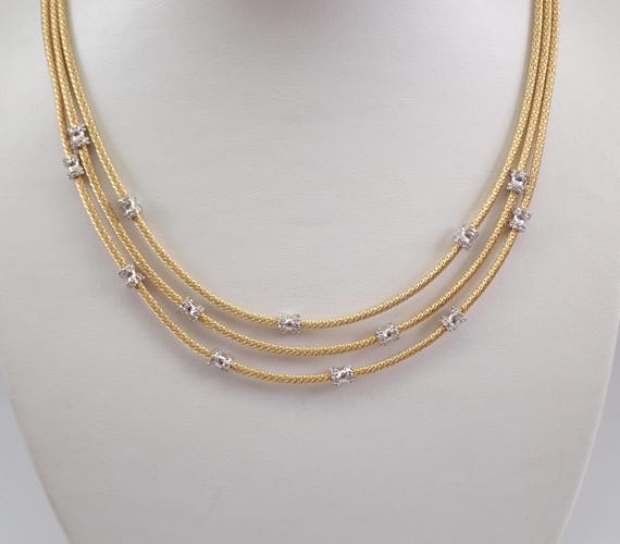 Vintage 14K Yellow Gold Choker Chain Necklace - Estate Two Tone Diamond Fine Jewelry Gift - Unique Multi Triple Strand Omega Wire