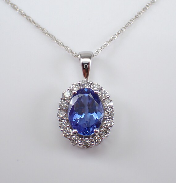 Tanzanite and Diamond Halo Pendant - 14k White Gold Slide Charm Necklace and Chain - Purple December Gemstone Jewelry Gift