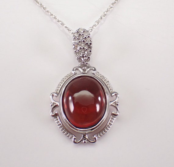 Garnet and Diamond Charm Necklace - White Gold Dainty Pendant and Chain - January Gemstone Fine Jewelry Gift
