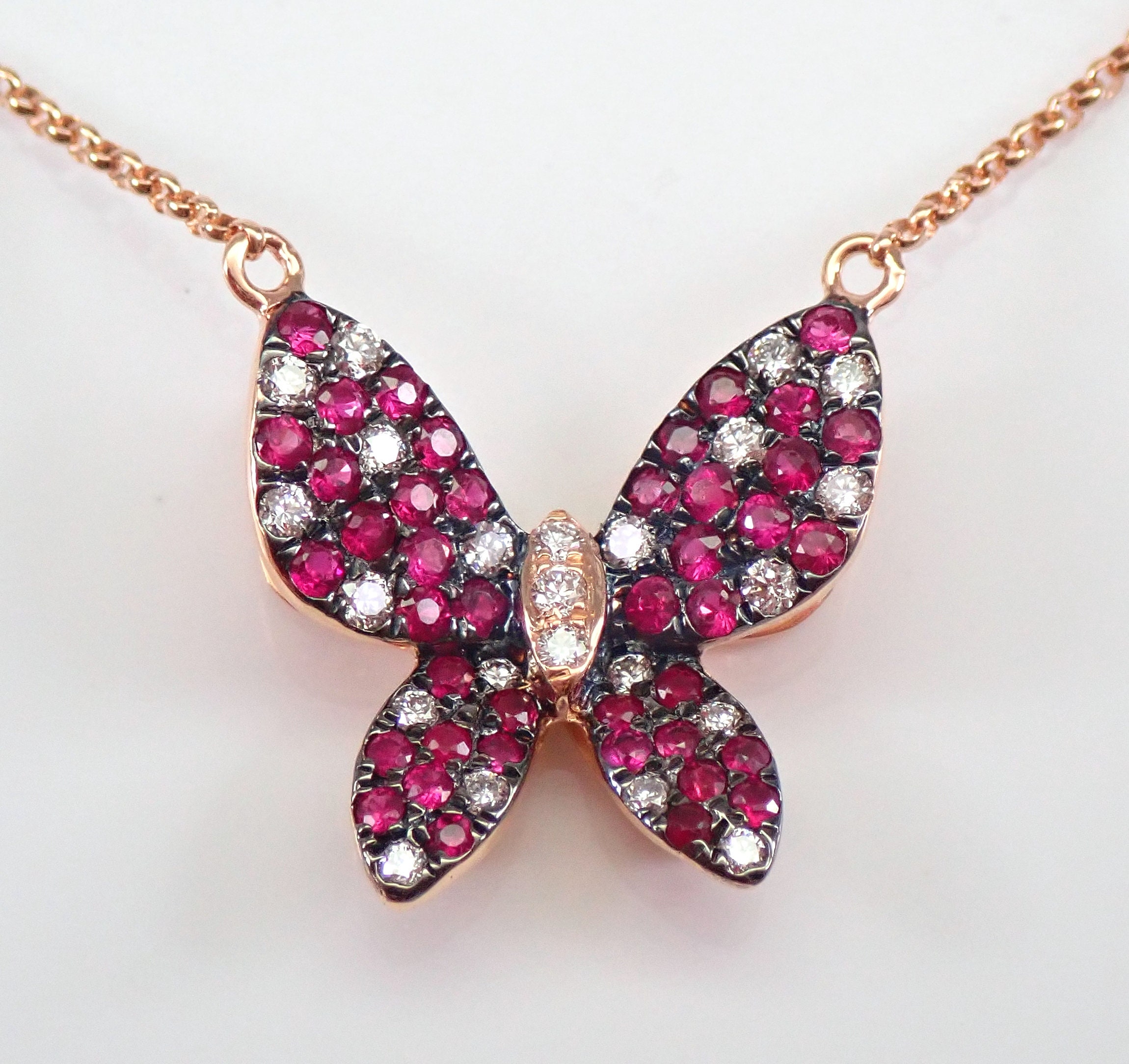 Genuine Ruby Butterfly Necklace Solid 18K Rose Gold Gemstone and