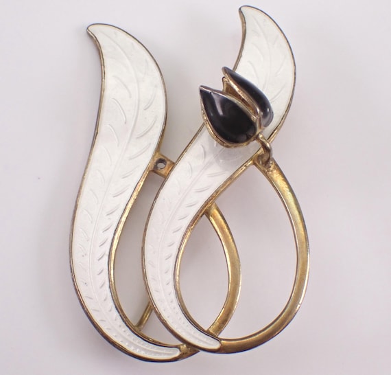 Antique Sterling Silver Aksel Holmsen Signed Brooch: White Enamel Black Lily Flower Pin