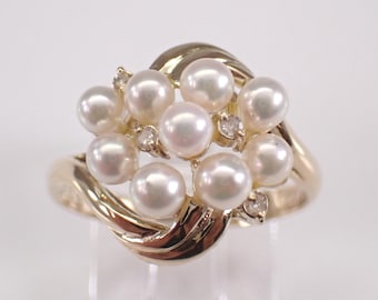 Vintage 14K Yellow Gold Pearl and Diamond Ring: Dainty Estate Cluster Band
