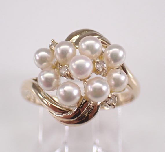 Vintage 14K Yellow Gold Pearl and Diamond Ring: Dainty Estate Cluster Band