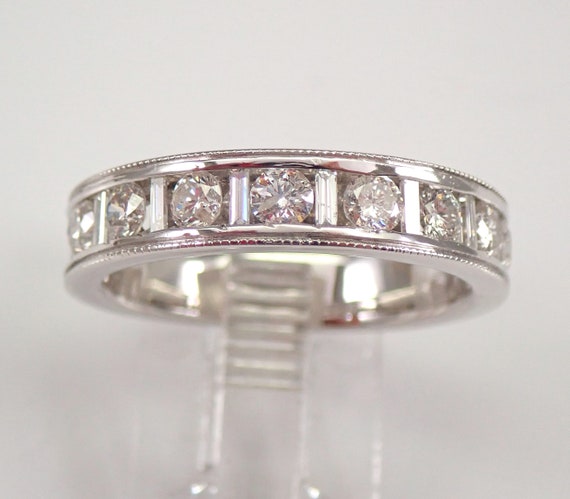 Baguette and Round Diamond Wedding Ring - 14K White Gold Bridal Anniversary Band - Unique Stacking Fine Jewelry Gift for Him