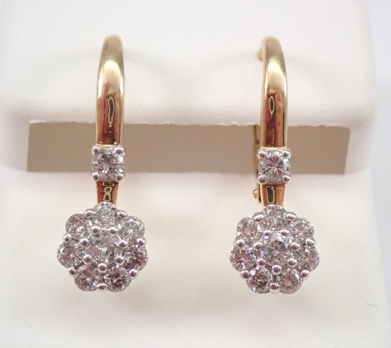 Genuine Diamond Earrings - Secure Lever back Clasp - Solid Yellow Gold Modern Cluster Drop - Fine Jewelry Gift for Women