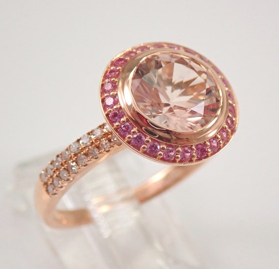 14K Rose Gold Morganite and Pink Sapphire Ring - Unique Diamond Halo Setting - Pink Gemstone Bridal Jewelry Gift