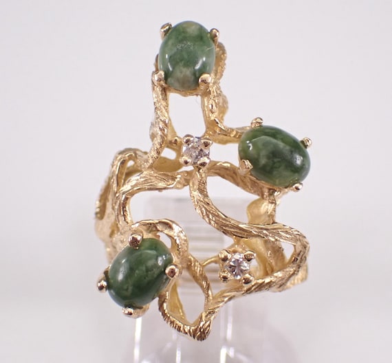 Vintage 14K Yellow Gold Jade and Diamond Ring: Large Estate Cluster Gemstone Setting