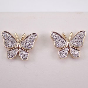Diamond Butterfly Stud Earrings - Yellow Gold Butter Fly Wings Studs - Birthday Graduation Gift for Daughter
