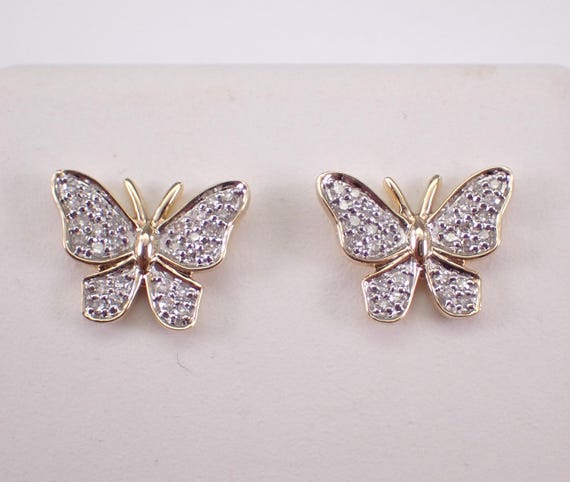 Diamond Butterfly Stud Earrings - Yellow Gold Butter Fly Wings Studs - Birthday Graduation Gift for Daughter