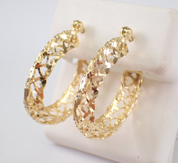 80s Vintage Hoop Earrings - Estate 14K Yellow Gol… - image 2