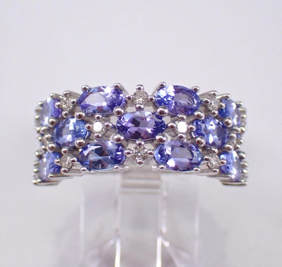 Tanzanite and Diamond Multi Row Wedding Ring - White Gold Cluster Anniversary Band - Gemstone Fine Jewelry Gift