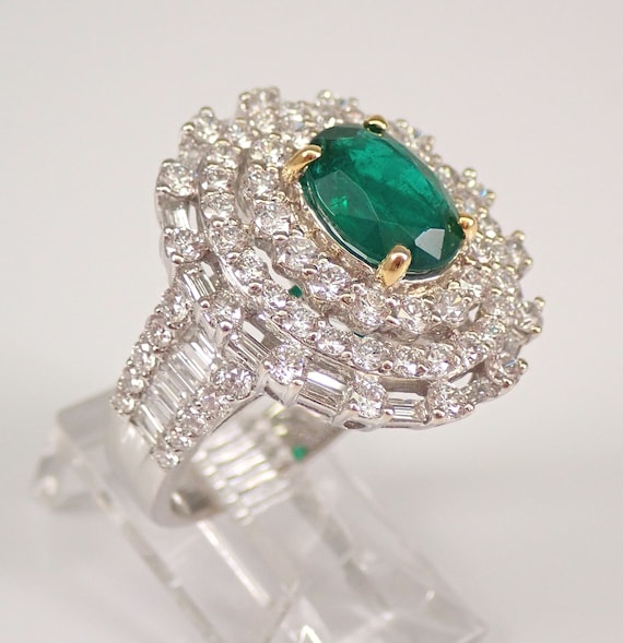 18K White Gold Emerald and Diamond Ring: Large Gemstone Cocktail Jewelry Gift