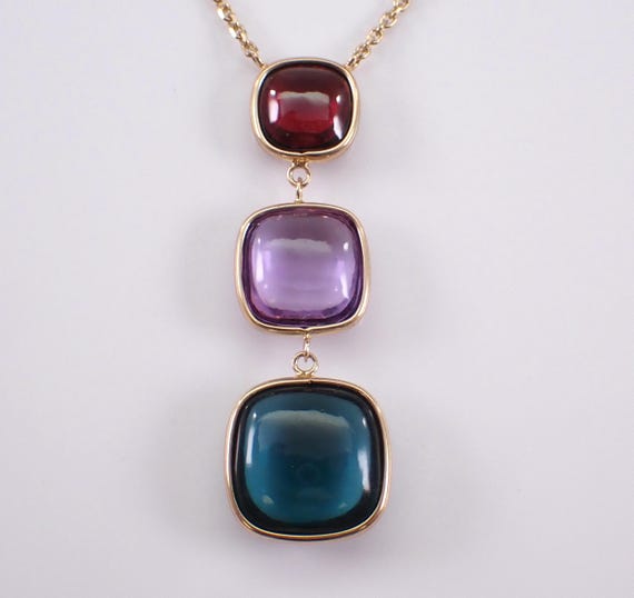 Multi Color Gemstone Necklace - Yellow Gold Amethyst Garnet and Topaz Pendant and Chain - Unique Colorful Charm Jewelry Gift