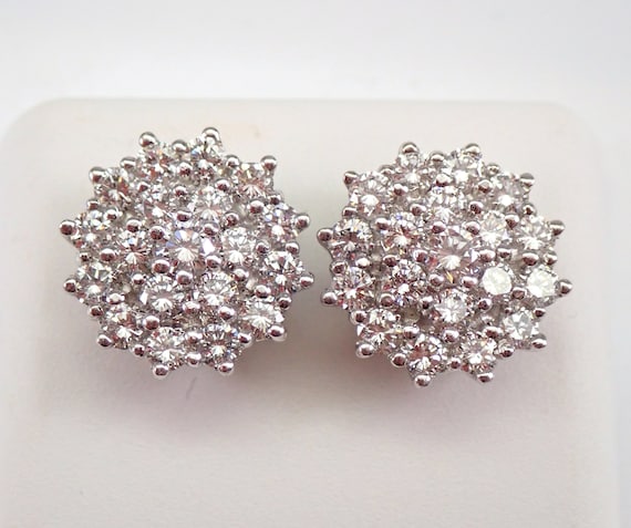 Platinum Diamond Stud Earrings - Large Cluster Sparkly Studs -Beautiful Bridal Wedding Gift