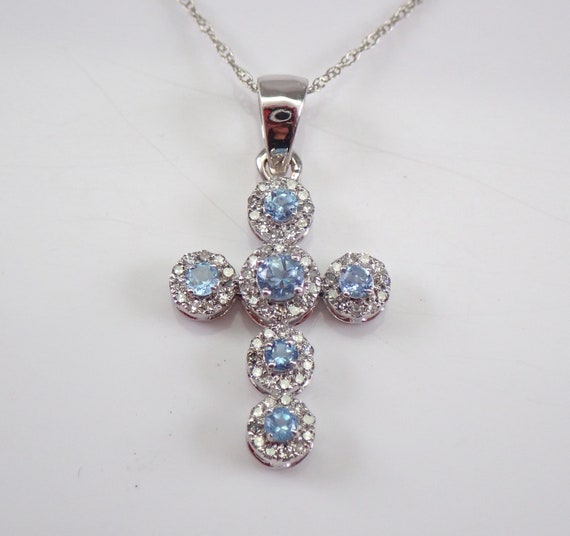 Aquamarine and Diamond Cross Pendant - Solid White Gold Halo Necklace and Chain - Unique Religious Charm Choker Jewelry