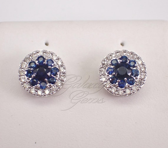 14K White Gold Sapphire Stud Earrings - Diamond Halo Setting Studs - September Birthstone Fine Jewelry Gift