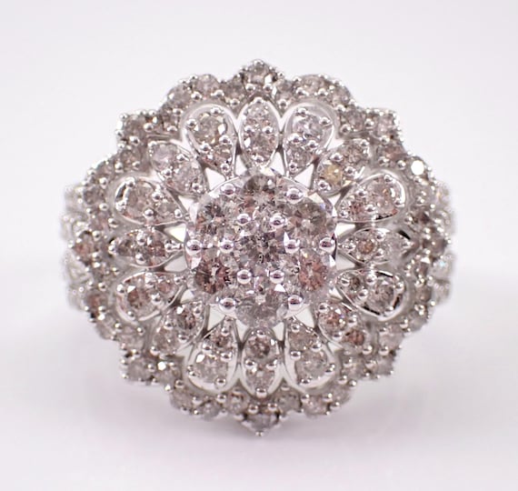 White Gold Diamond Cocktail Ring - Right Hand Large Cluster Band - Celestial Snowflake Jewelry Design