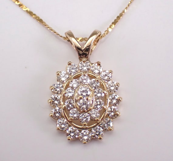 Antique 14K Yellow Gold Diamond Necklace - Vintage Cluster Charm Pendant and Chain -  Unique Estate Fine Jewelry Gift
