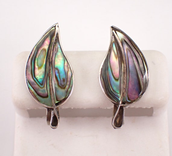 Vintage Abalone Leaf Earrings, Sterling Silver Gemstone Estate Jewelry Gift, NON PIERCED Screw Back Clips