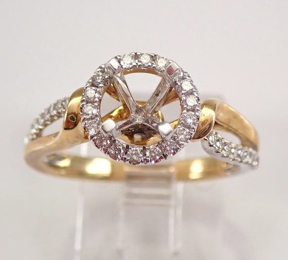 Diamond Halo Engagement Ring Setting - Two Tone Solid Gold Semi Mount Mounting - Bridal Fine Jewelry Gift