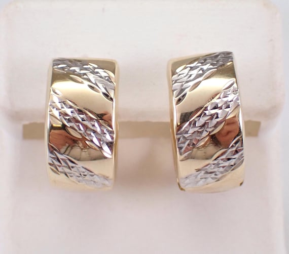 Vintage 14K Yellow Gold Hoop Earrings - Small Chunky Two Toned Huggies - Unique Estate Jewelry Gift