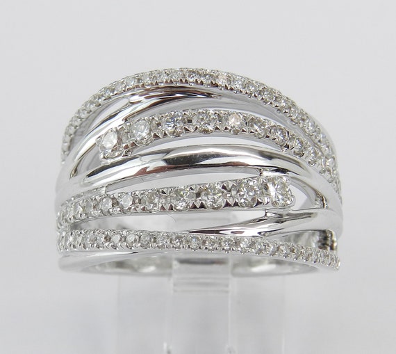 Diamond Wedding Anniversary Ring - 14K White Gold Multi Row Cocktail Band - Unique Bridal Fine Jewelry Gift