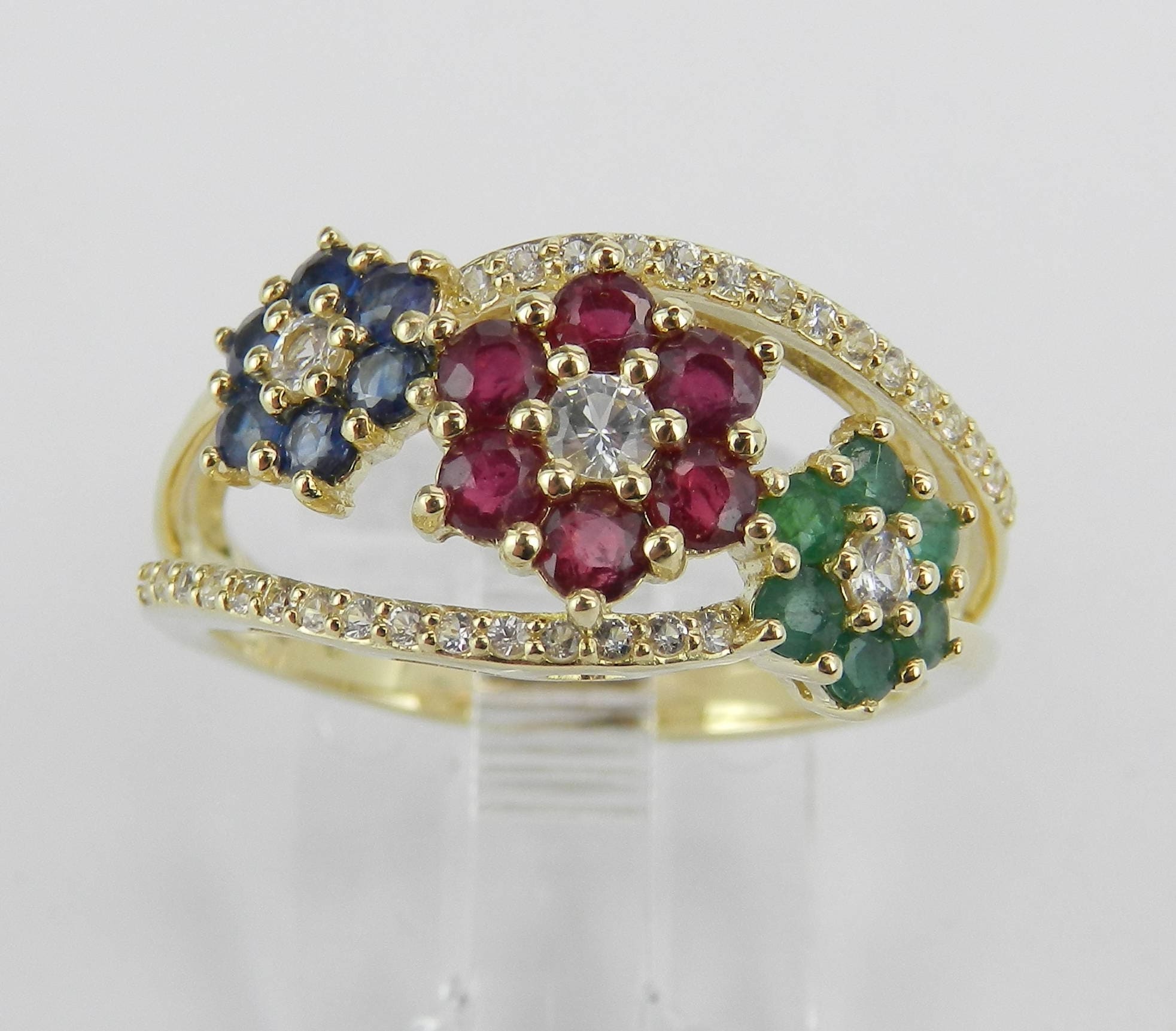 Multi Color Gemstone Ring, Yellow Gold Flower Ring, Sapphire Cluster
