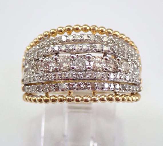 Yellow Gold Diamond Anniversary Ring, Diamond Multi Row Wedding Band, Unique Right Hand Bridal Fine Jewelry Gift