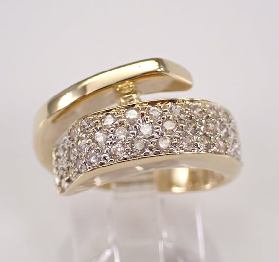 Vintage 14K Gold Cubic Zirconia Anniversary Band - Wraparound Crossover Wedding Ring - Unique Stacking Pave Setting