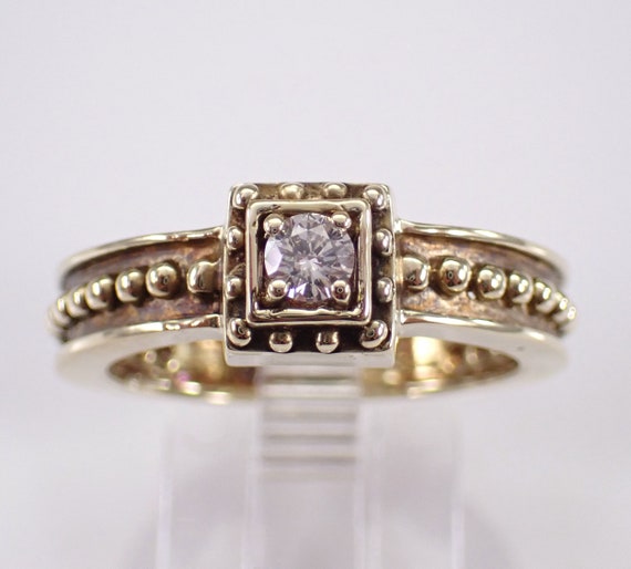14K Yellow Gold Diamond Solitaire Ring - Unique Square Beaded Halo Setting - Chunky Engagement Promise Gift