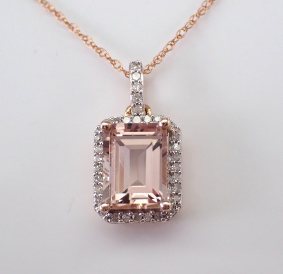 Morganite and Diamond Halo Pendant and Chain - Solid Rose Gold Gemstone Charm Necklace - Dainty Bridal Fine Jewelry Gift