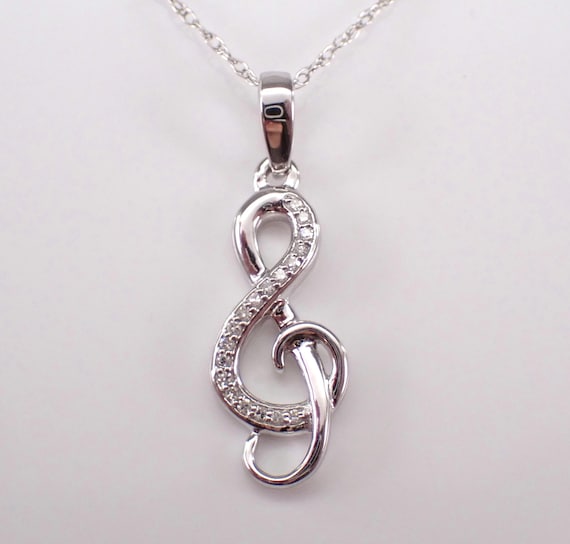 Diamond Music Clef Charm Pendant - White Gold Choker Necklace and Chain  - Wedding Birthday Fine Jewelry Gift