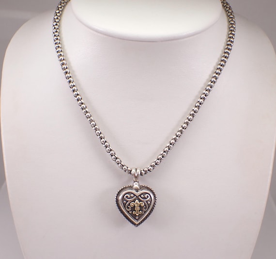 Vintage Sterling Silver Heart Necklace, Unique Two Toned Puffy Charm Pendant, Estate Fleur De Lis Beaded Choker Chain