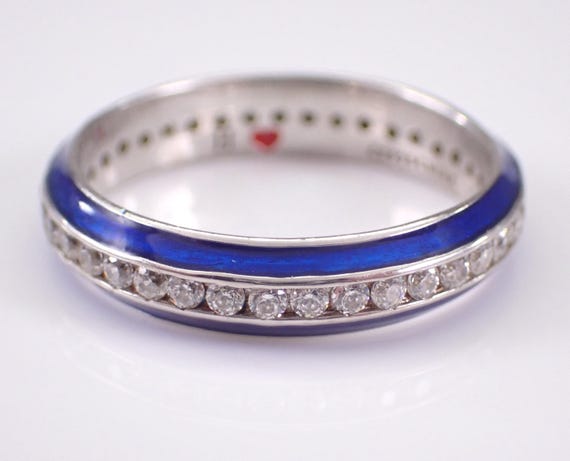 Vintage HIDALGO Blue Enamel Wedding Band - Sterling Silver Stackable CZ Eternity Ring - Bridal Anniversary Fine jewelry