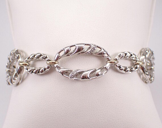 Vintage Sterling Silver Diamond Link Bracelet - Estate 14k Yellow Gold Two Toned Accents - Simple Layering Everyday Design