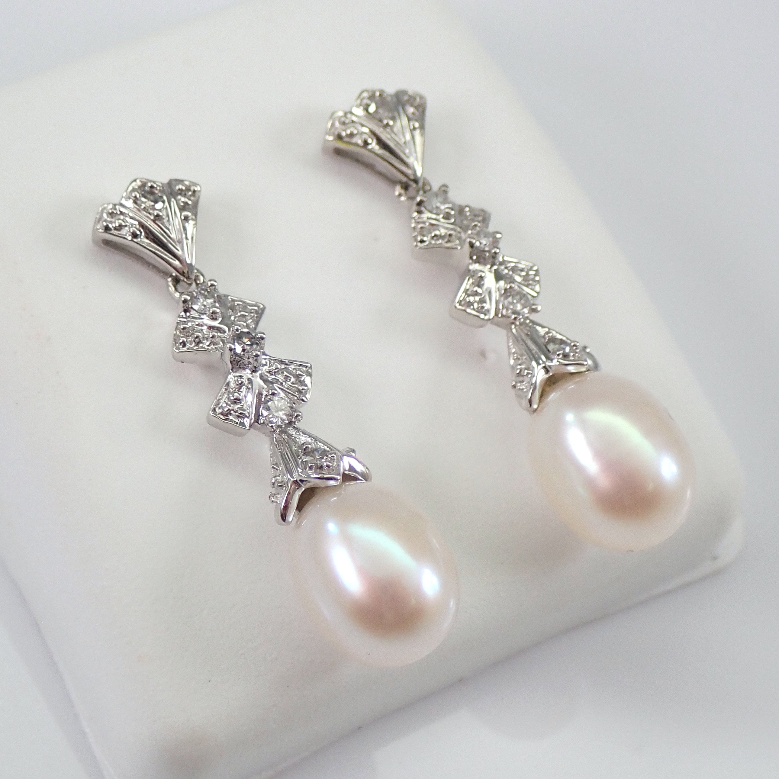 Pearl And Diamond Dangle Drop Earrings K White Gold June Birthstone