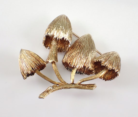 Antique Solid 14k Yellow Gold Mushroom Brooch, Vintage Estate Signed Fine Jewelry Circa 1950s