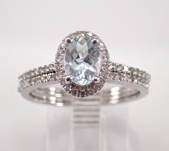 Aquamarine and Diamond Engagement and Wedding Ring - 14K White Gold Bridal Halo Setting - March Aqua Birthstone Jewelry Gift