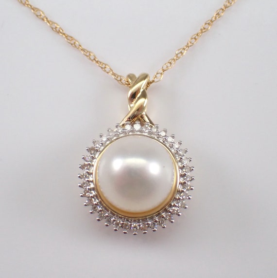 Pearl and Diamond Halo Pendant and Chain - 14K Yellow Gold Gemstone Charm Necklace - June Birthstone Wedding Gift