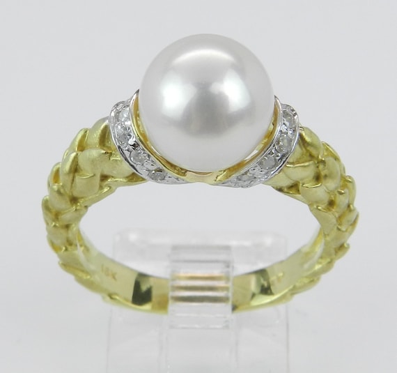 18K Yellow Gold Pearl Engagement Ring, Unique Diamond Set Setting, Bridal June Birthstone Jewelry Gift